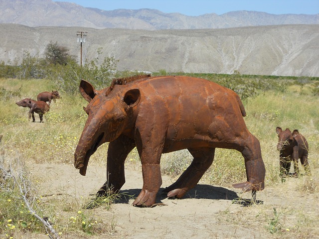 Borrego Springs life-size metal sculptures of prehistoric animals.