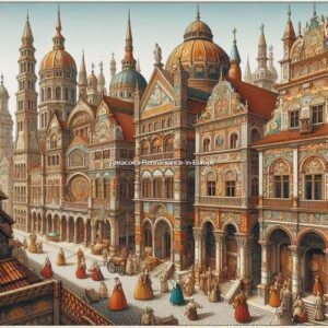 image of a Renaissance-era European cityscape, featuring grand buildings, churches, and palaces adorned with terracotta tiles.