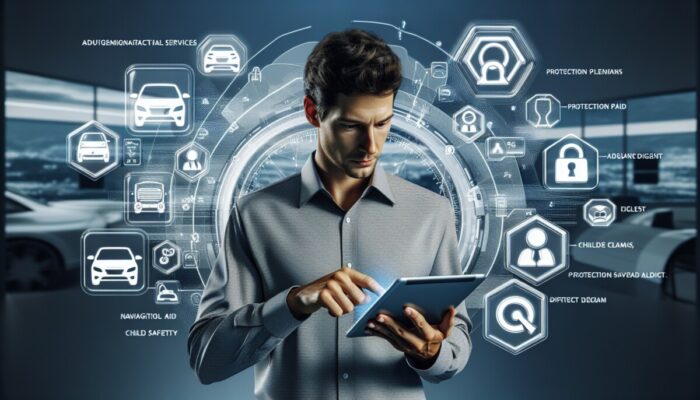 Individual in rental office assessing additional services like GPS, insurance, child seats on a tablet, with logos.
