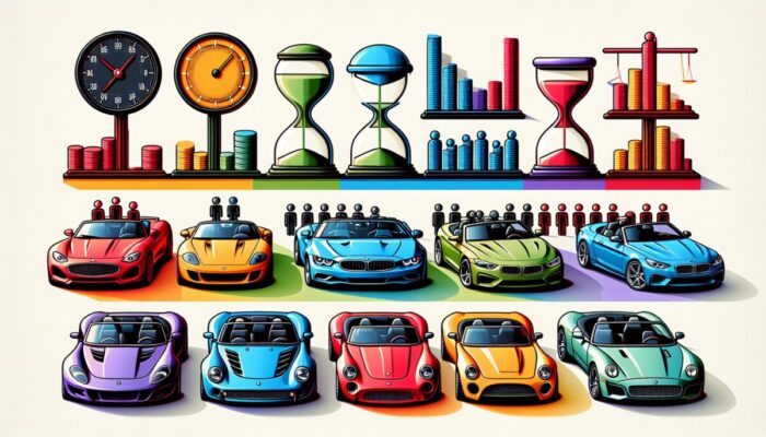 A colourful chart comparing different convertible rental pricing models with labels and convertibles in the background.