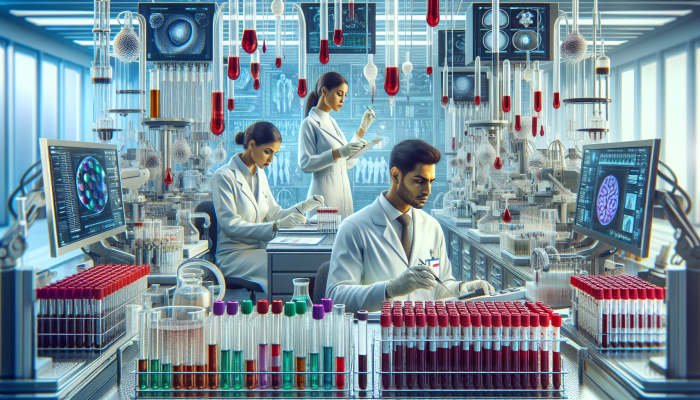General Health Blood Test in Deal: A medical lab scene with blood analysis equipment and healthcare professionals reviewing health data.