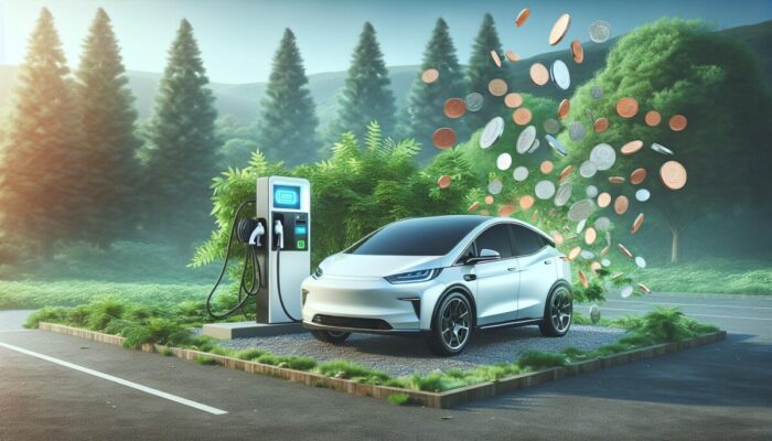 A modern electric vehicle charging amidst lush greenery, symbolizing cost savings.