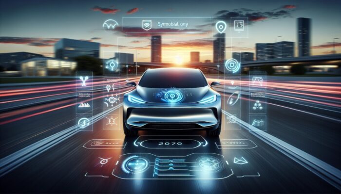 A sleek electric vehicle showcasing an advanced dashboard, gliding through a city at twilight.