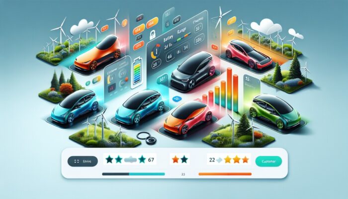 A modern website showcasing electric vehicle options with information on battery range, charging, and customer ratings.