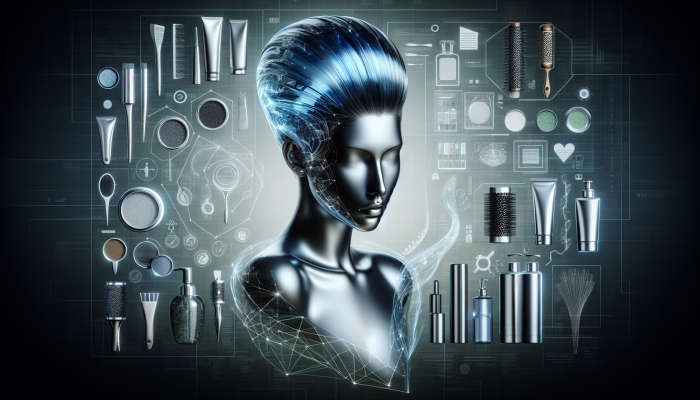 A woman showcasing her sleek, luminous glass hair, styled elegantly, with premium hair care products in the background.
