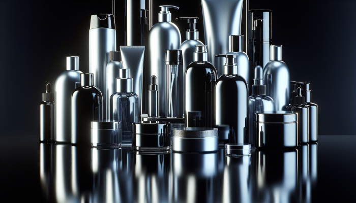 A display of sleek, shiny glass hair alongside various high-quality hair care products on a glossy black surface.