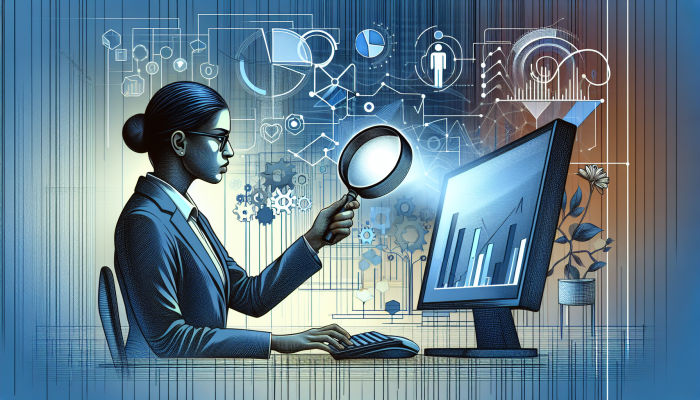 A person examining Google PPC campaign data on a computer with charts and graphs in an office.
