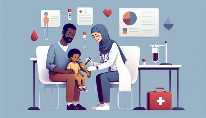 Child Blood Test Prep: A young child undergoing a blood test in a pediatric clinic, supported by a parent and assisted by a friendly nurse.