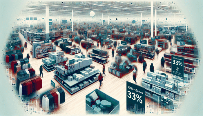 UK retail store clearance section showcasing discounted apparel, electronics, and home goods with minor imperfections, all marked down for quick sales.