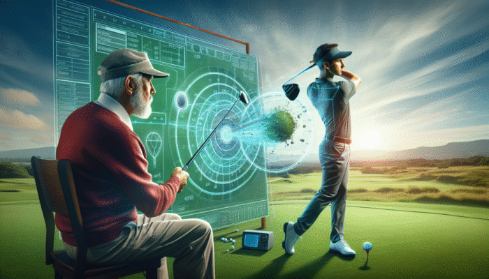 A South African golf coach demonstrating the optimal swing plane and path on a lush green course.