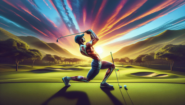 A South African golfer performing a side plank on a golf course during sunset, enhancing swing power and stability.