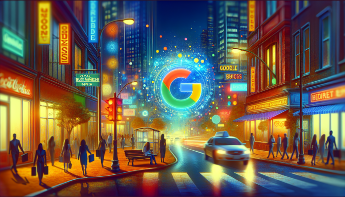 A city street featuring a Google Business sign, local businesses, and charts depicting SEO improvements.