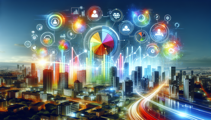 A vibrant Bing business profile showing graphs of increased traffic and trust against a bustling city background.