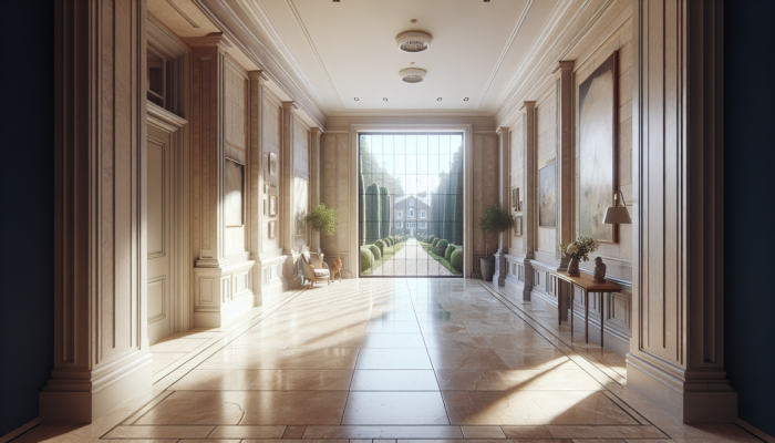 Durable travertine tiles displayed in a luxurious UK home hallway, demonstrating natural stone texture and enduring beauty.