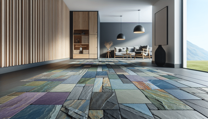 Slate Floor Care: Welsh slate flooring in a modern UK home, showcasing a spectrum of deep blues, purples, greens, and greys.