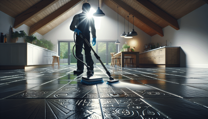 A person cleaning a UK slate floor with eco-friendly products, highlighting the floor's natural sheen in a contemporary home.