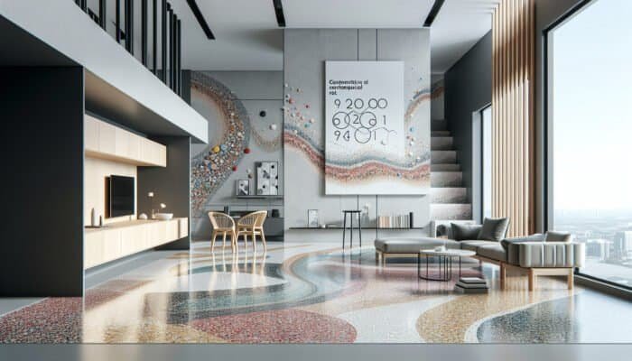 Expert Guide to Terrazzo Floor Restoration in West Lothian Homes: Showcasing vibrant, swirling terrazzo flooring in a sleek, modern apartment.