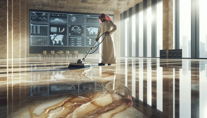 A person cleaning a travertine floor using specialized tools in a sunlit space, showcasing the stone's unique veining.