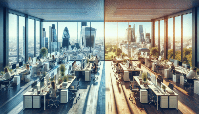 Comparison of an office in central London with high clearance costs versus a serene rural office with lower fees.