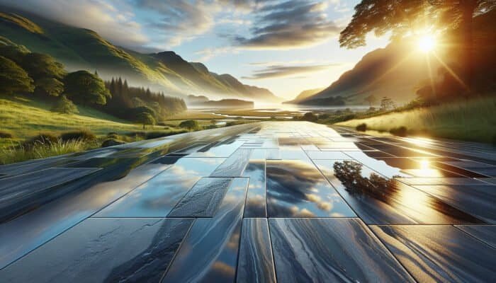 A scenic Inverclyde landscape showcasing a luxurious, waterproofed stone floor that mirrors its vibrant surroundings, illustrating durability and protection.