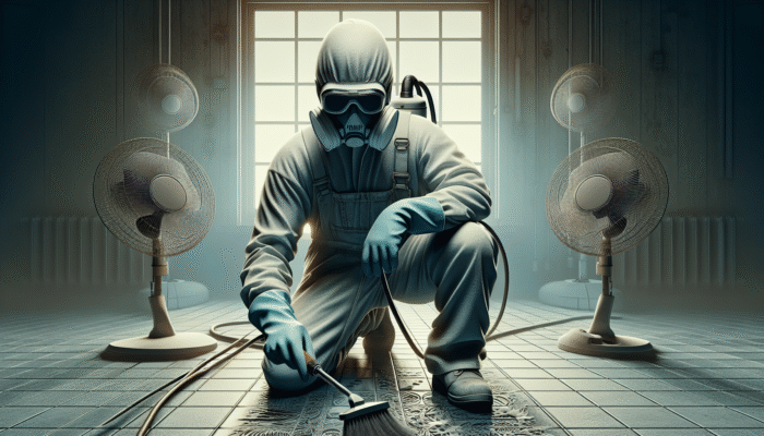 Individual cleaning grout while wearing safety equipment in a well-ventilated area.