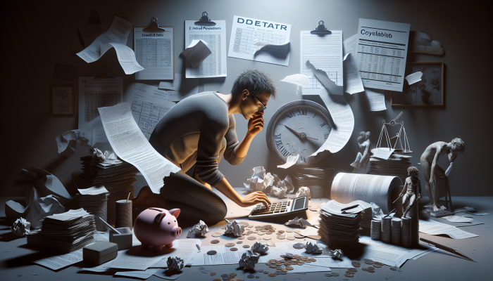 Impact of Debt Consolidation on Future Loans: Explained | DCL Person in dimly lit room, surrounded by financial documents, anxiously calculating extended debt repayment on calculator, calendar showing prolonged dates.