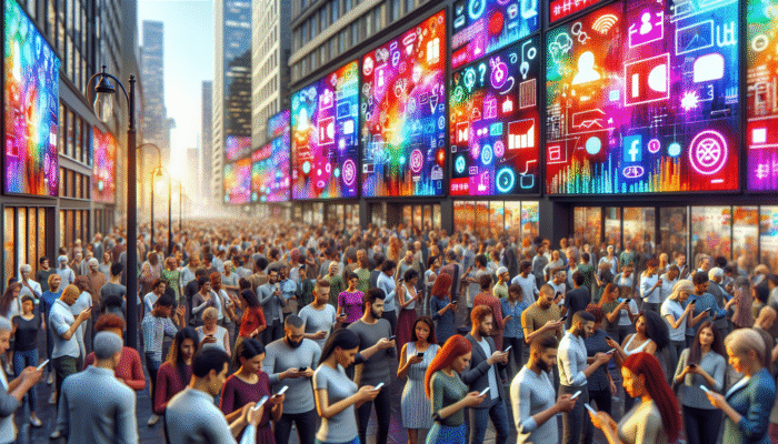 Local SEO Companies: A bustling city street featuring digital billboards promoting a local business's SEO-optimized website, attracting smartphone users.