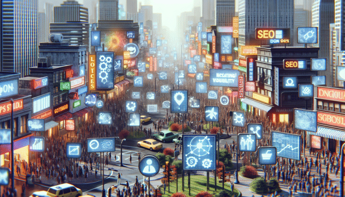 A vibrant cityscape showcasing local businesses utilizing digital SEO tools for improved visibility and engagement.