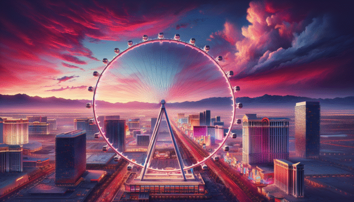 Enjoy breathtaking views from the High Roller, the world's tallest observation wheel in Las Vegas at sunset.