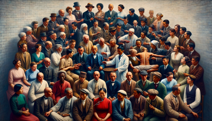 Early 20th-century British individuals observing an acupuncturist, reflecting a blend of curiosity and skepticism towards the ancient Chinese practice.