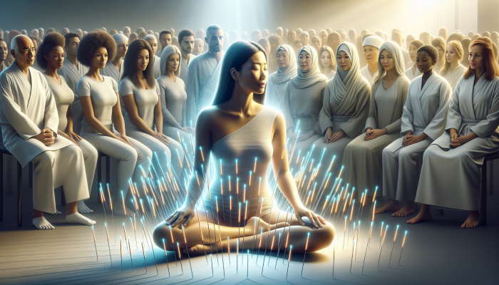Calm Asian woman receiving acupuncture, surrounded by glowing needles, observed by a diverse crowd.