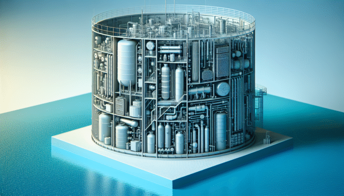 Modern water storage tank showcasing a cross-section of stainless steel, concrete, and PVC materials filled with blue water.