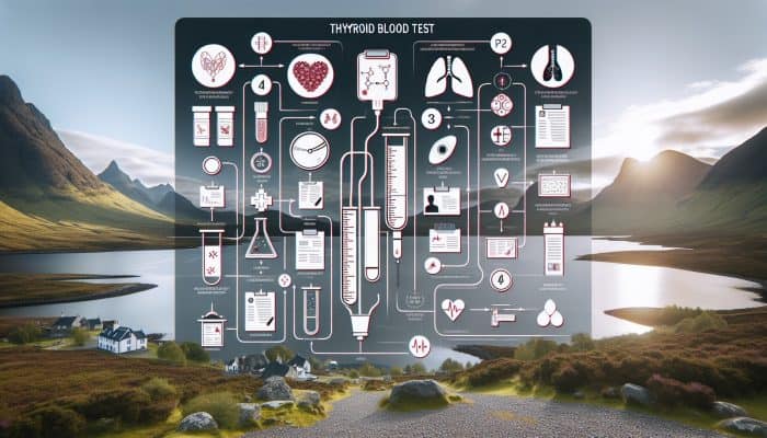 Infographic illustrating the thyroid blood test process with Inverness landscapes and medical icons.