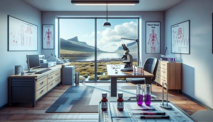 Infographic depicting the thyroid blood test procedure in a modern Inverness clinic with a scenic Scottish landscape.