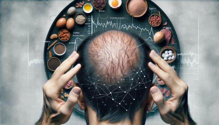A scalp showing thinning, brittle hair and patches of loss next to protein-rich foods like eggs, meat, and legumes.