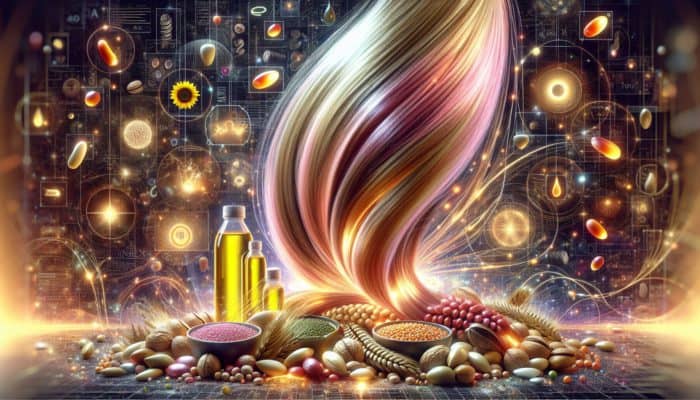 Shiny hair strands coated with omega-6 fatty acids, surrounded by nuts, seeds, and oil bottles.