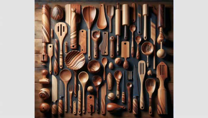 How to Care for Wooden Kitchen Utensils: Kitchen utensils made from maple, beech, and walnut on a rustic table, showcasing durability and grain patterns.