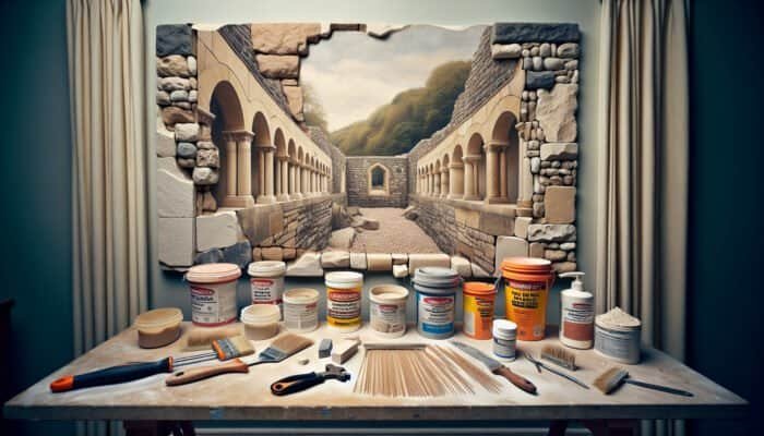 Display of high-quality travertine hole repair fillers on a workbench in the UK, featuring various types and textures, with a partially repaired wall in the background.