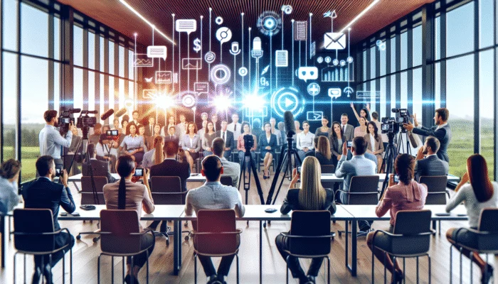 Diverse clients providing enthusiastic testimonials in a modern office equipped with digital recording technology.