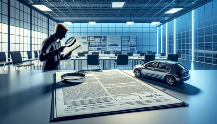 Individual examining a rental agreement using a magnifying glass, focusing on vehicle condition, fuel policy, and potential fees.