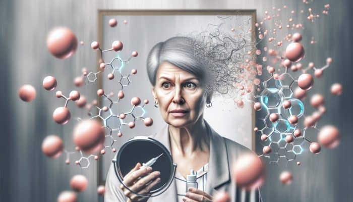 A surprised woman in her 50s looking at her thinning hair in the mirror, highlighting diminishing estrogen molecules.
