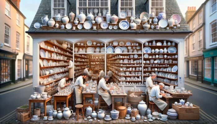A welcoming East Calder porcelain repair shop featuring artisans restoring ceramics, providing personalized consultations.