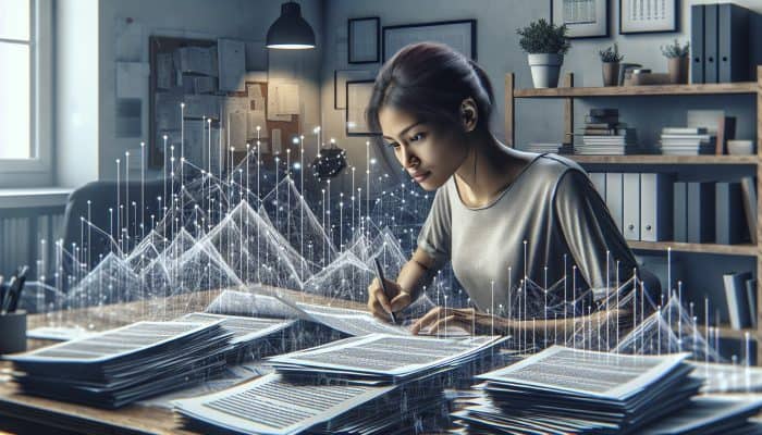 Individual analyzing financial charts and debt documents in a home office.