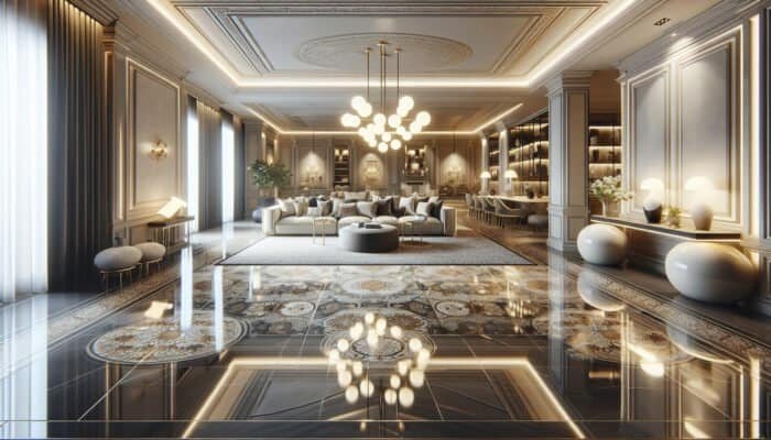 Revitalized porcelain tiles in a luxurious home interior, enhancing the elegant ambiance.