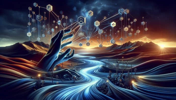 Illustration of hands reaching for luminous streams of light, symbolizing link equity within a digital landscape.