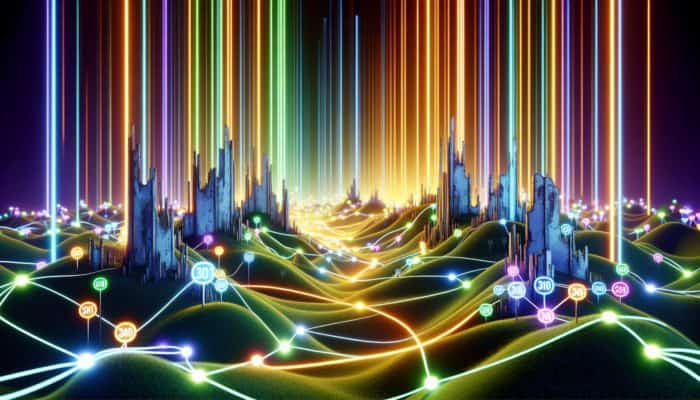 Visual representation of glowing pathways connecting old, faded URLs to new, vibrant ones, symbolizing the preservation of link equity during a website rebranding.