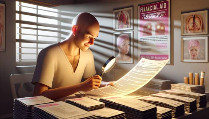 A hopeful cancer patient reviews insurance policy details and charity brochures related to acupuncture funding.