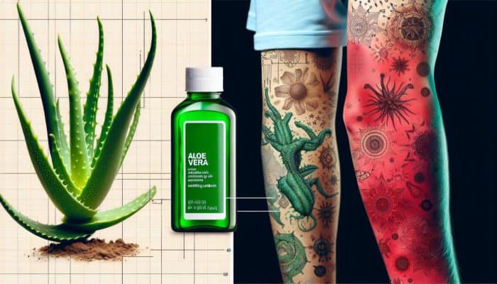 Detailed view of an arm with mild sunburn, showing redness and slight swelling; aloe vera gel bottle nearby.