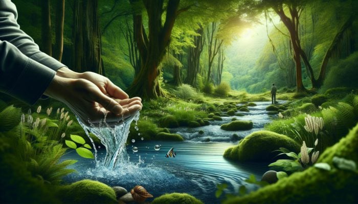 A person soothing a minor burn on their hand with cool stream water in an outdoor setting surrounded by greenery.