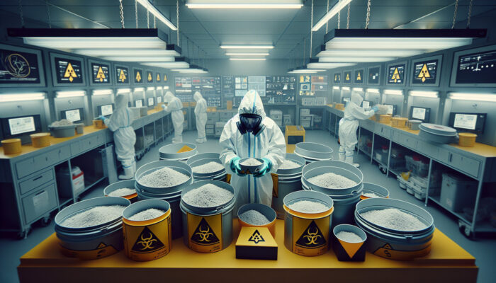 Individual in protective gear managing asbestos, surrounded by labelled hazardous waste containers in a controlled setting.